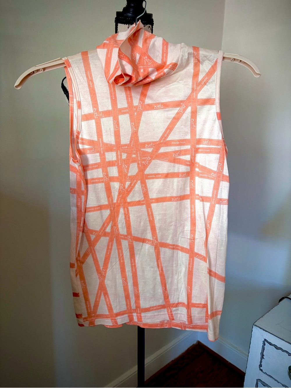 Hermès—Orange Ribbon Striped White Sleeveless Mock Neck Top, M - Picture 14 of 15